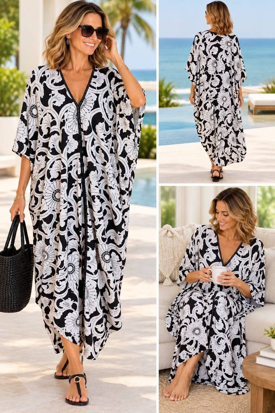 Natori Womens Black White Floral Maxi Lounge Kimono Resort Wear Caftan Large